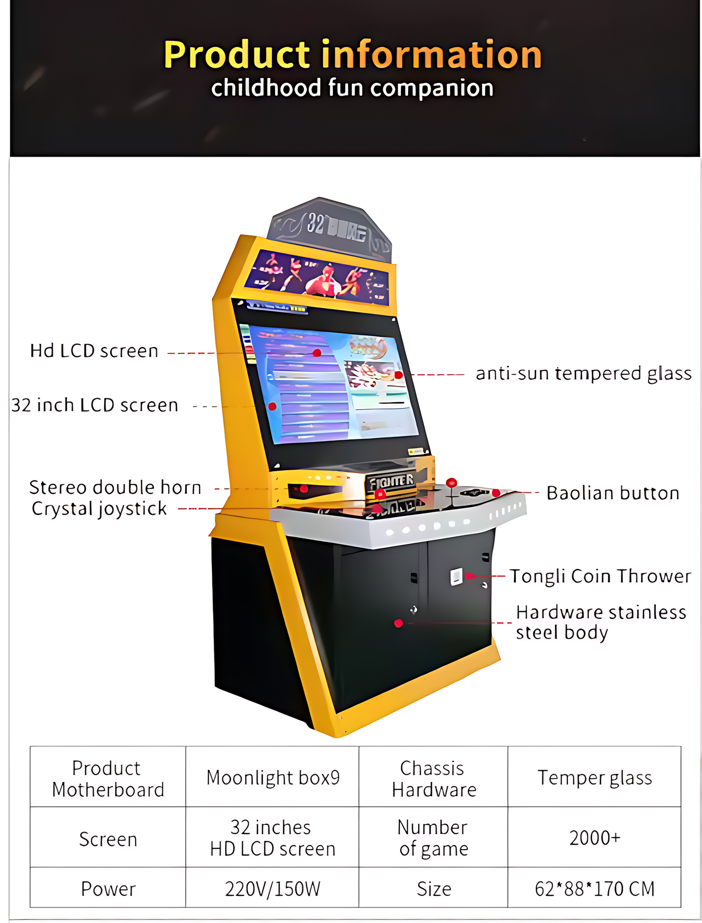 2-Player Classic Arcade Machine - 32" LCD Retro Gaming, 2000+ Games, 4P Battle Mode | Custom Payments | Global Voltage
