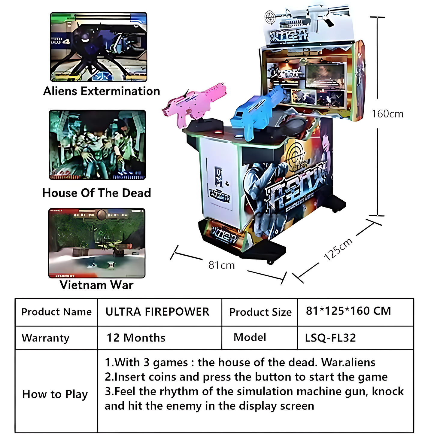 42" Triple Threat Arcade Shooter - 3-in-1 Gun Games (House of the Dead, Warzone, Aliens) | Dual-Blaster Co-op | Heavy-Duty Cabinet